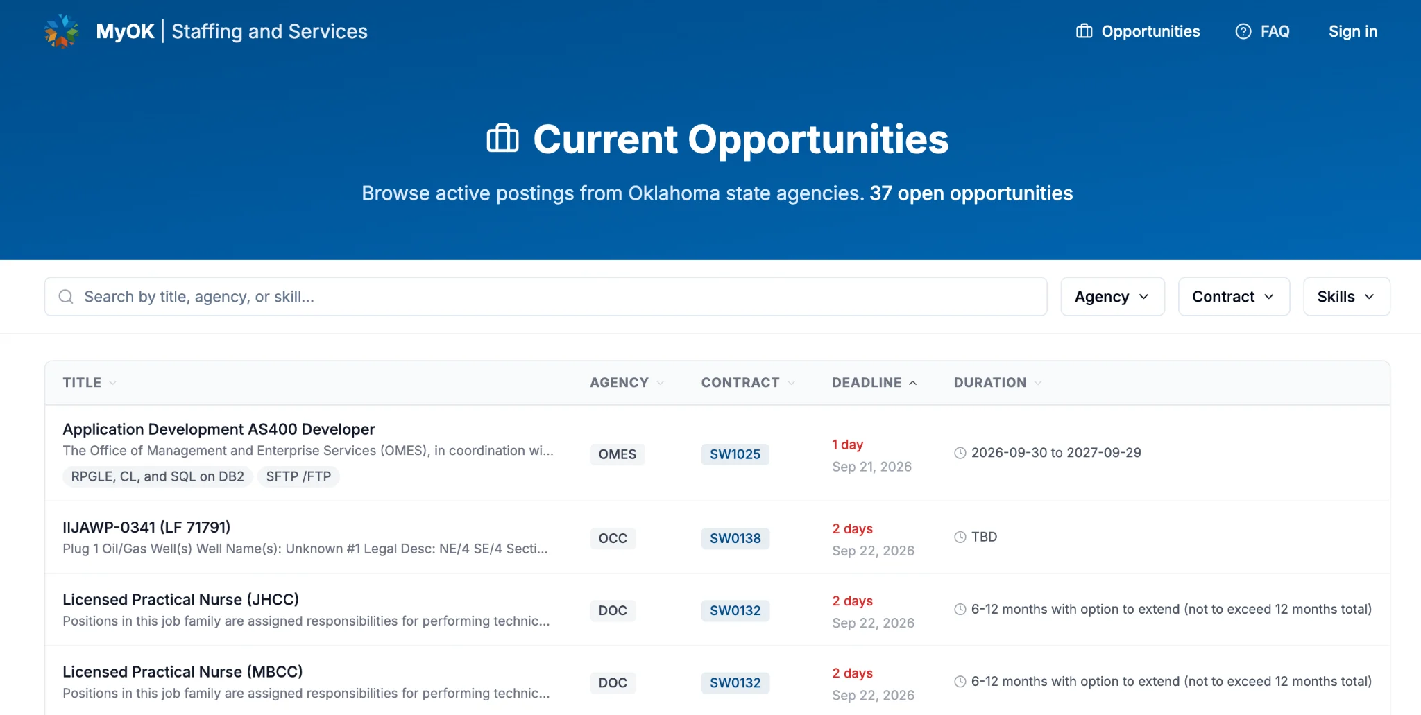 The MyOK Current Opportunities page: a searchable table of open postings from Oklahoma state agencies, with agency, contract, deadline and duration columns.