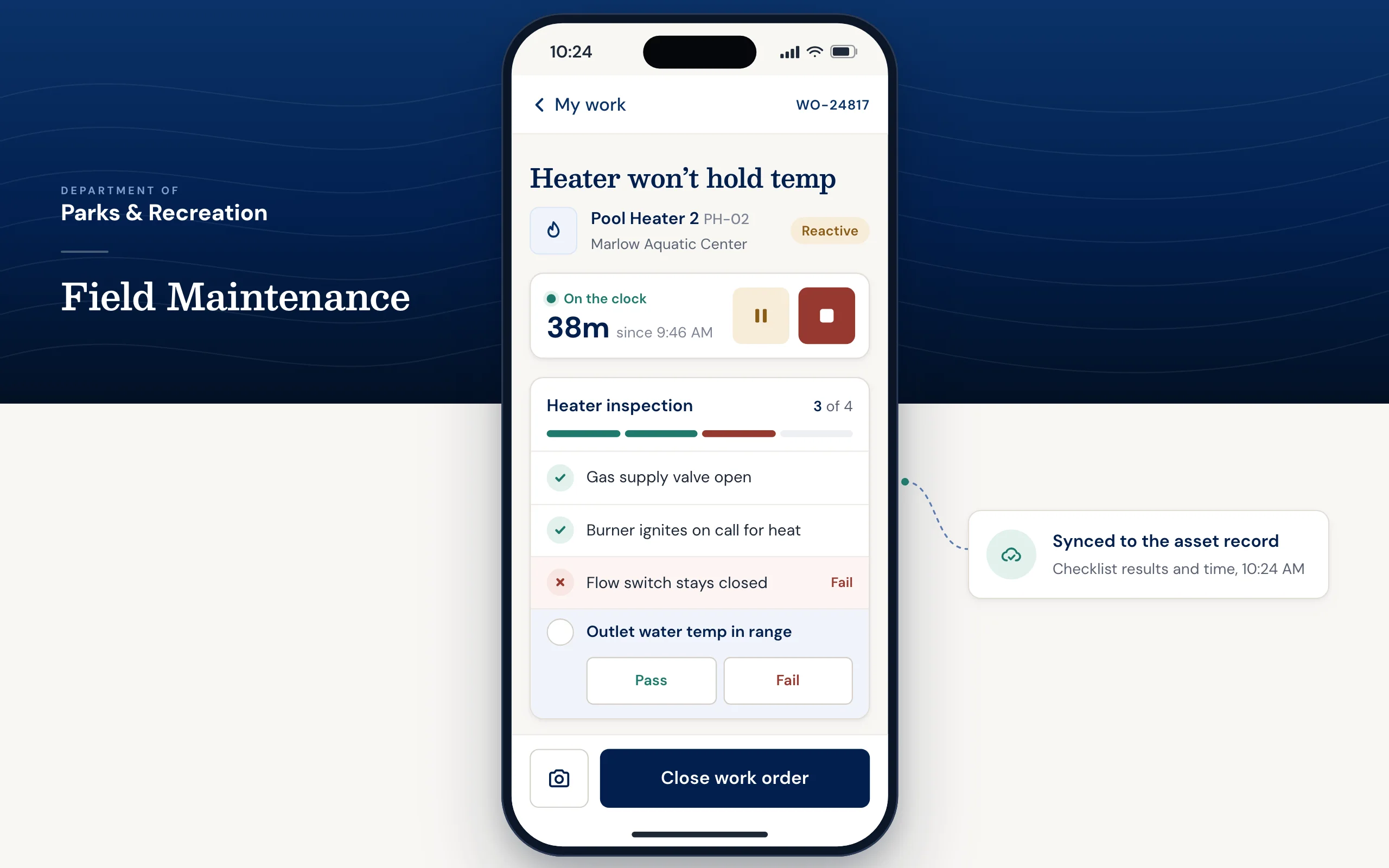 Enterprise asset management mobile app: field technician work order with a labor timer and an inspection checklist