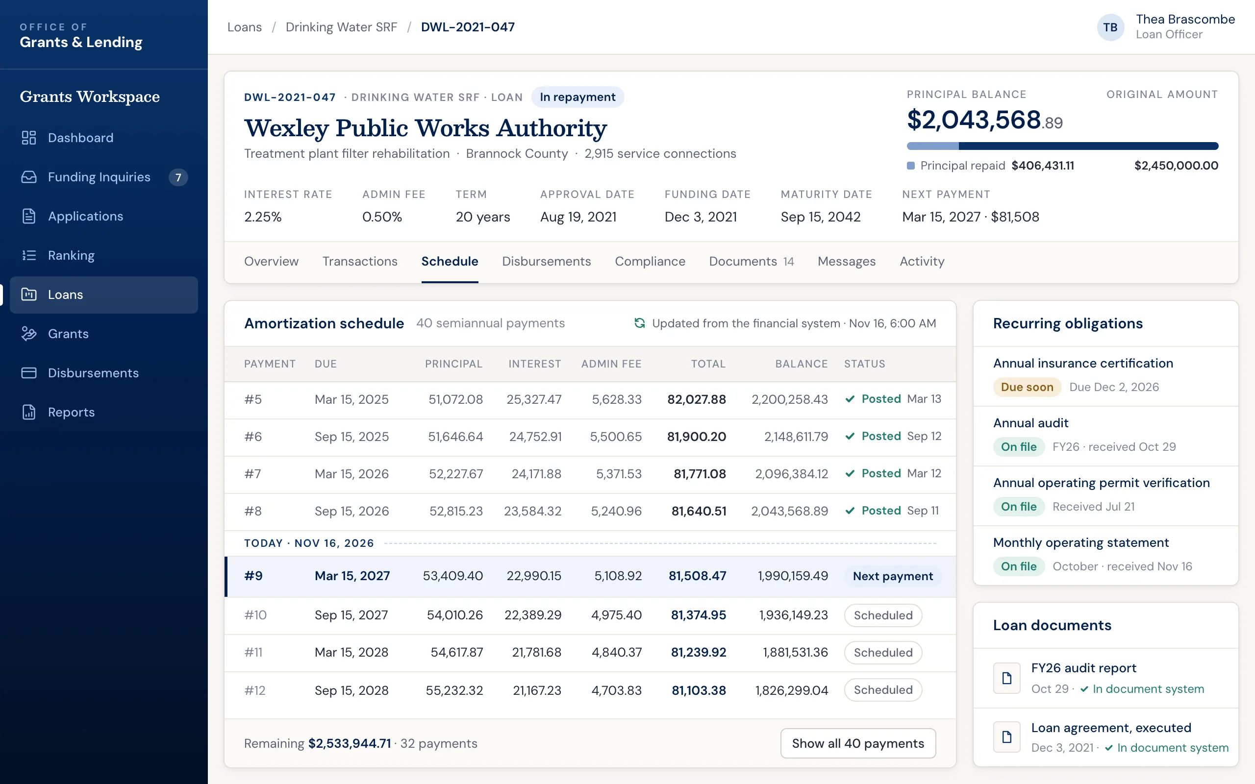 Loan servicing software for government: a drinking water loan&rsquo;s terms, principal balance, and amortization schedule updated from the financial system, with the borrower&rsquo;s recurring obligations