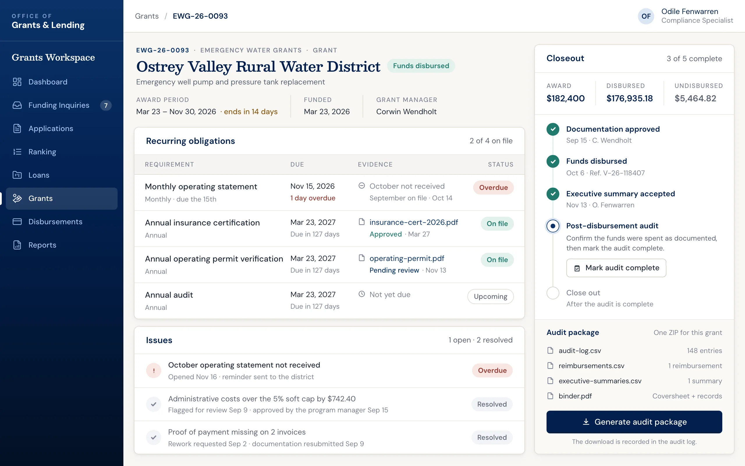 Grant monitoring software: a grant recipient&rsquo;s recurring reporting obligations with due and overdue status, open issues, and the closeout checklist for the award