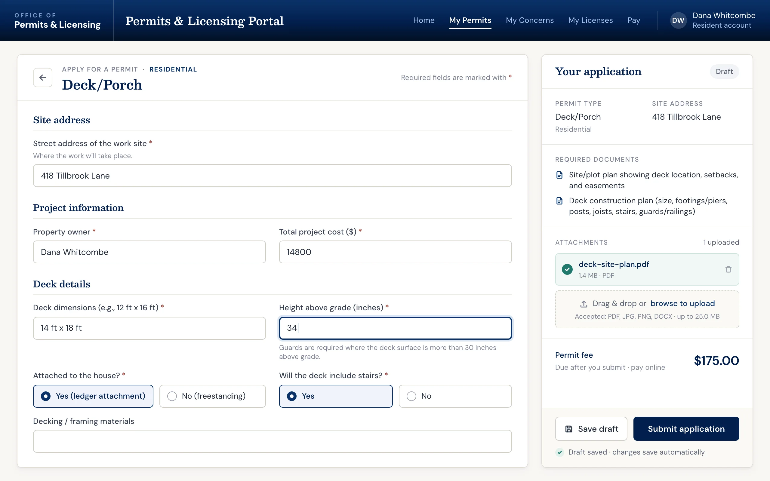 Permitting software: online permit application in the resident portal, with project details, required documents, file uploads, the permit fee, and a saved draft
