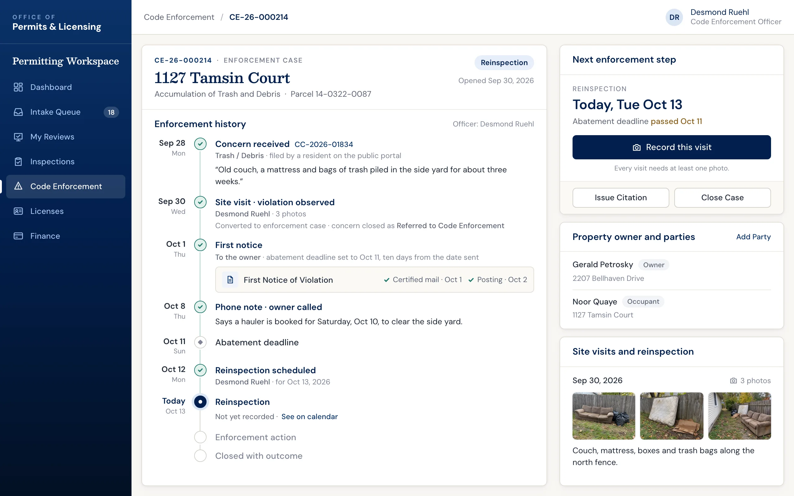 Code enforcement software: enforcement case timeline from a resident complaint to a notice of violation and reinspection, with property owner, parties, and site photos