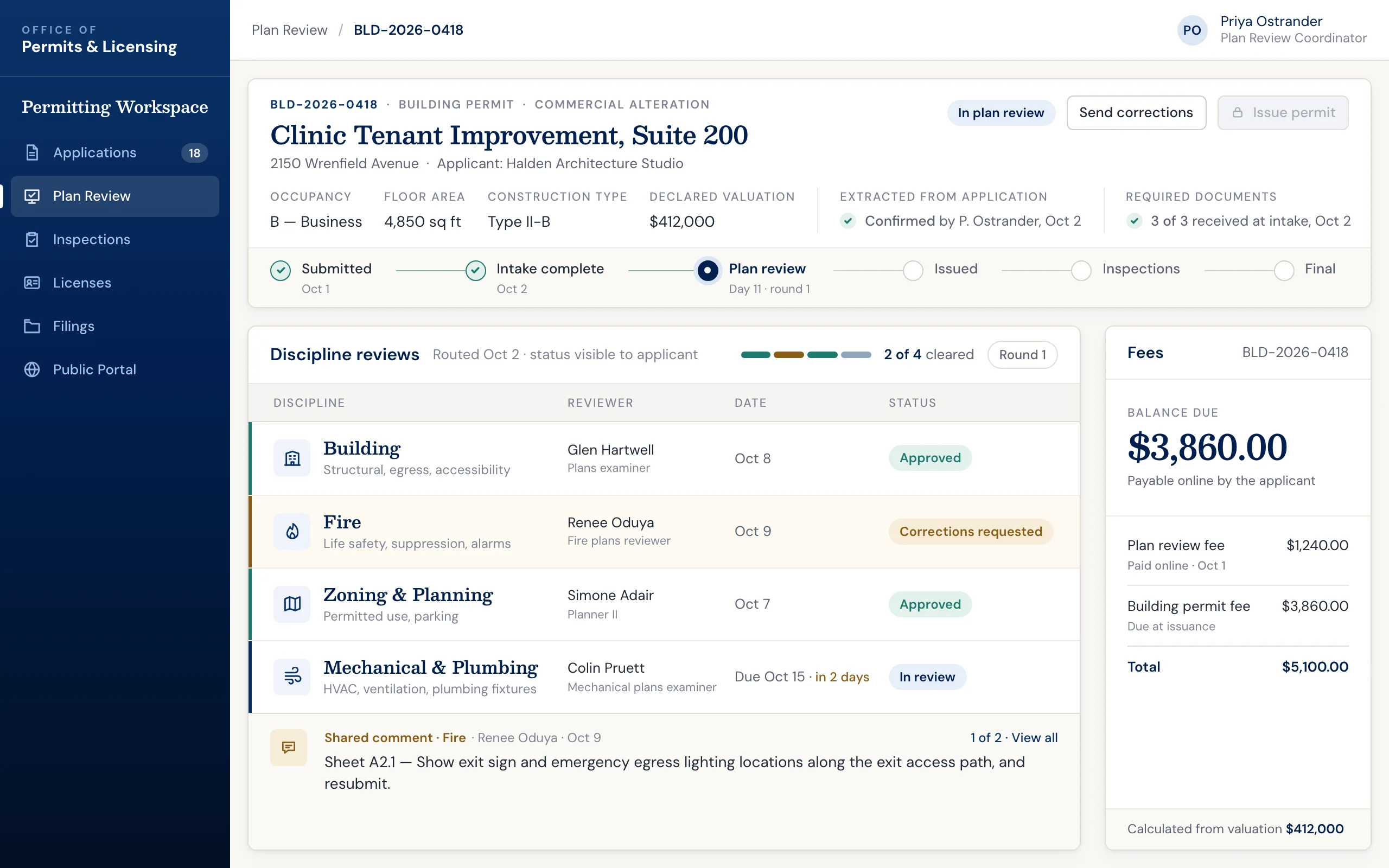 Permitting and licensing software: plan review screen for a commercial building permit, with department reviews, inspection stages, and permit fees