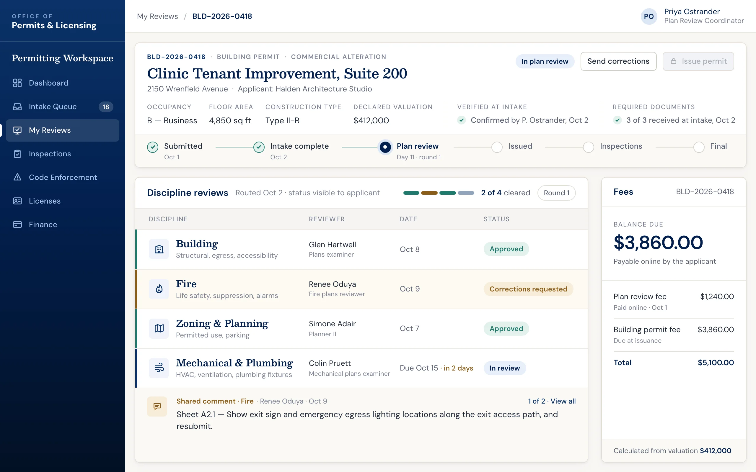 Permitting and licensing software: plan review screen for a commercial building permit, with department reviews, inspection stages, and permit fees