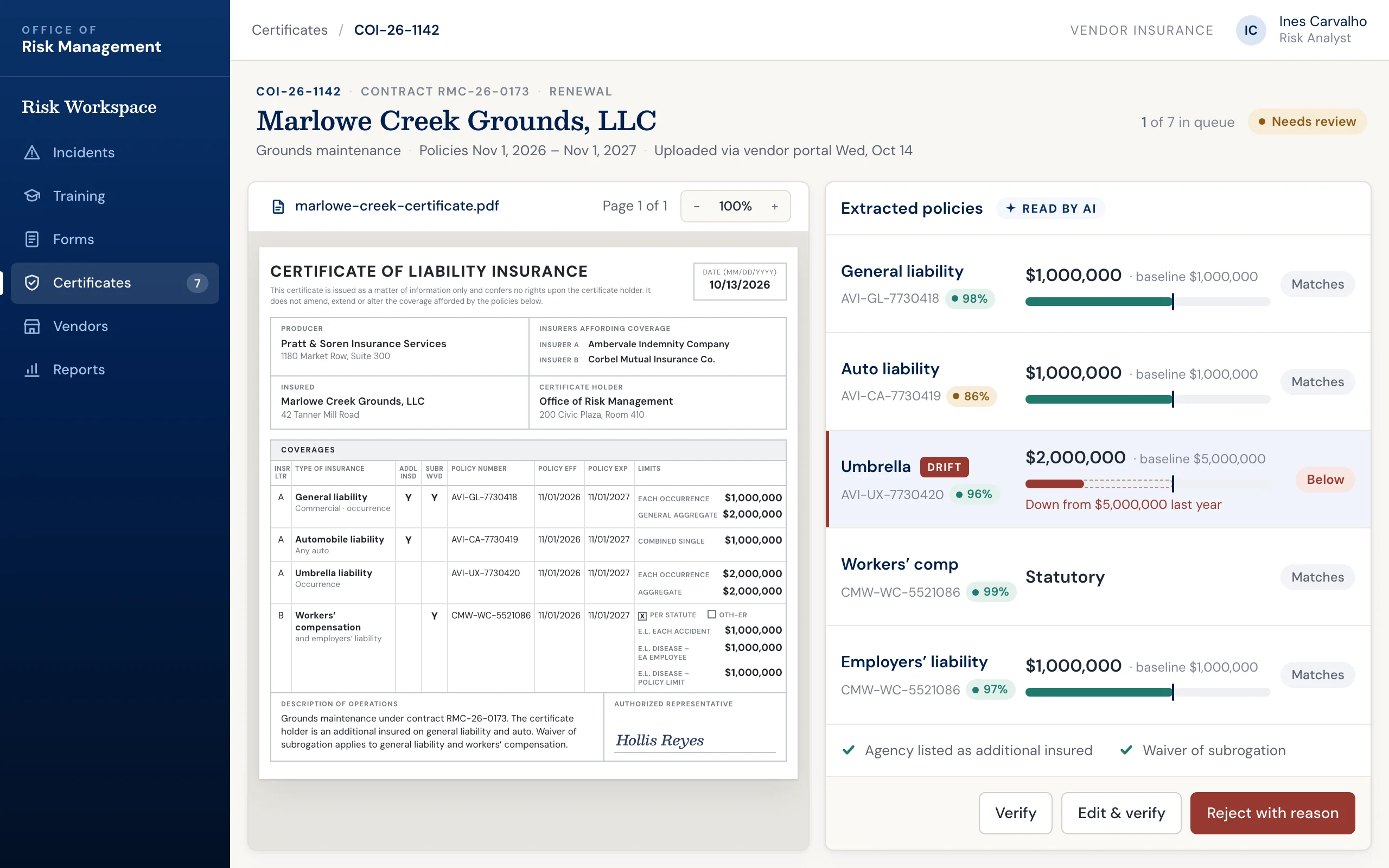 Risk management software: vendor certificate of insurance read by AI, with a drop in umbrella coverage flagged for review