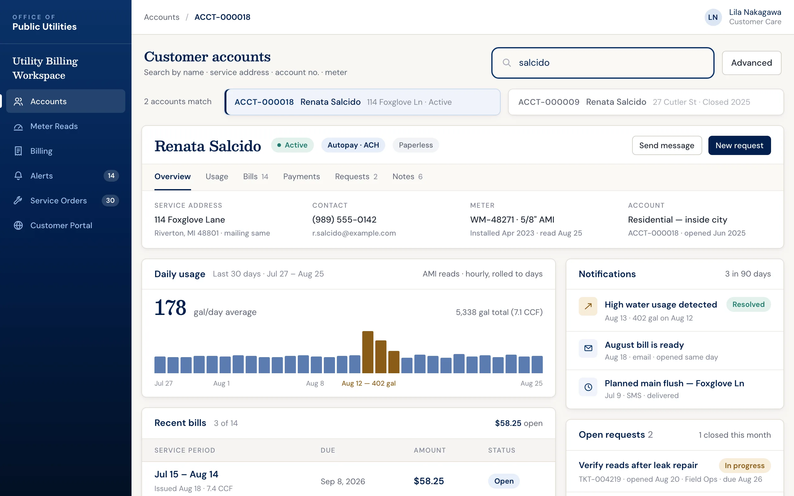 Utility billing software: customer account with daily water usage, a leak alert, recent bills, and open service requests