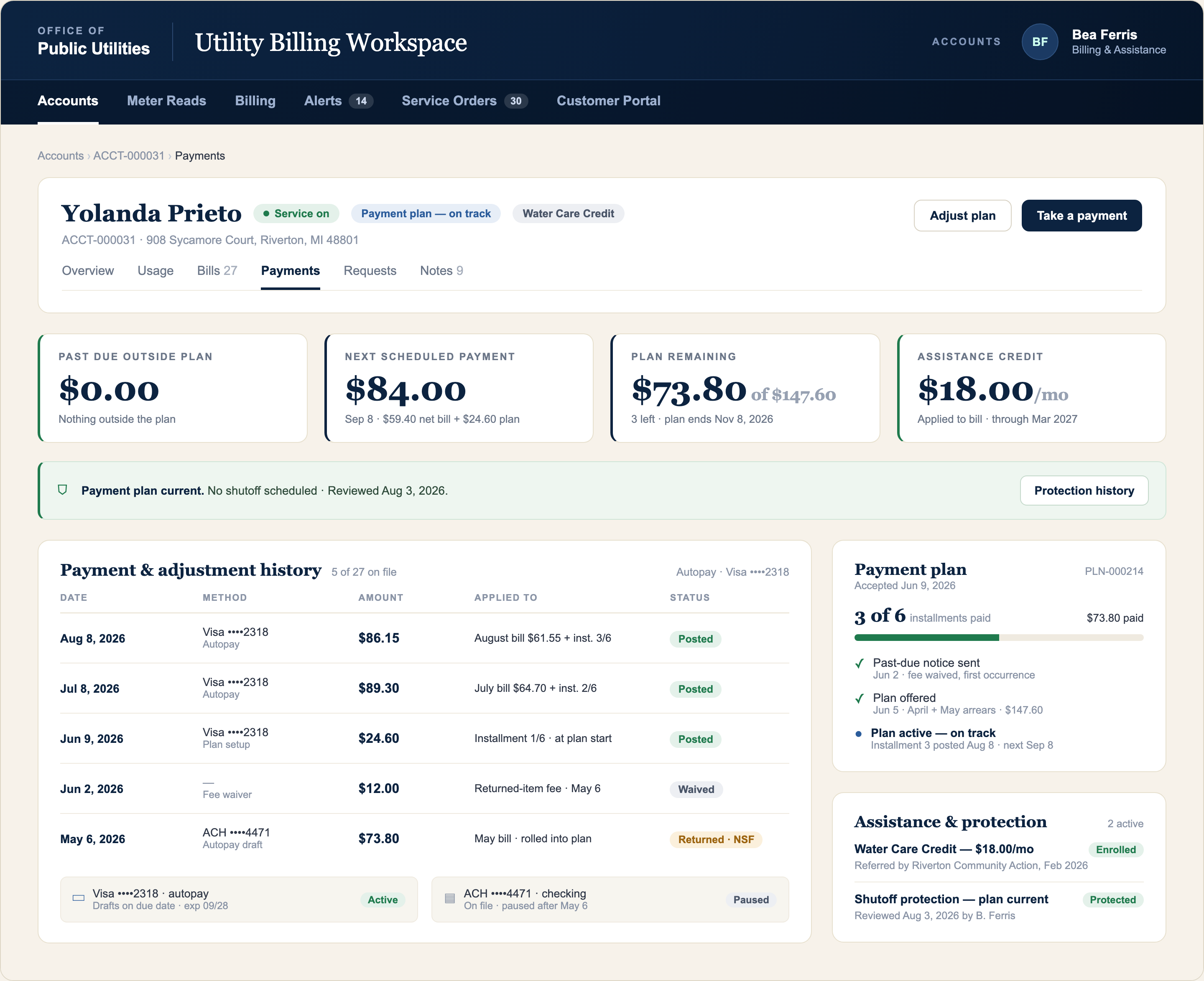 Customer payment record showing payment history, scheduled installments, and assistance credits.