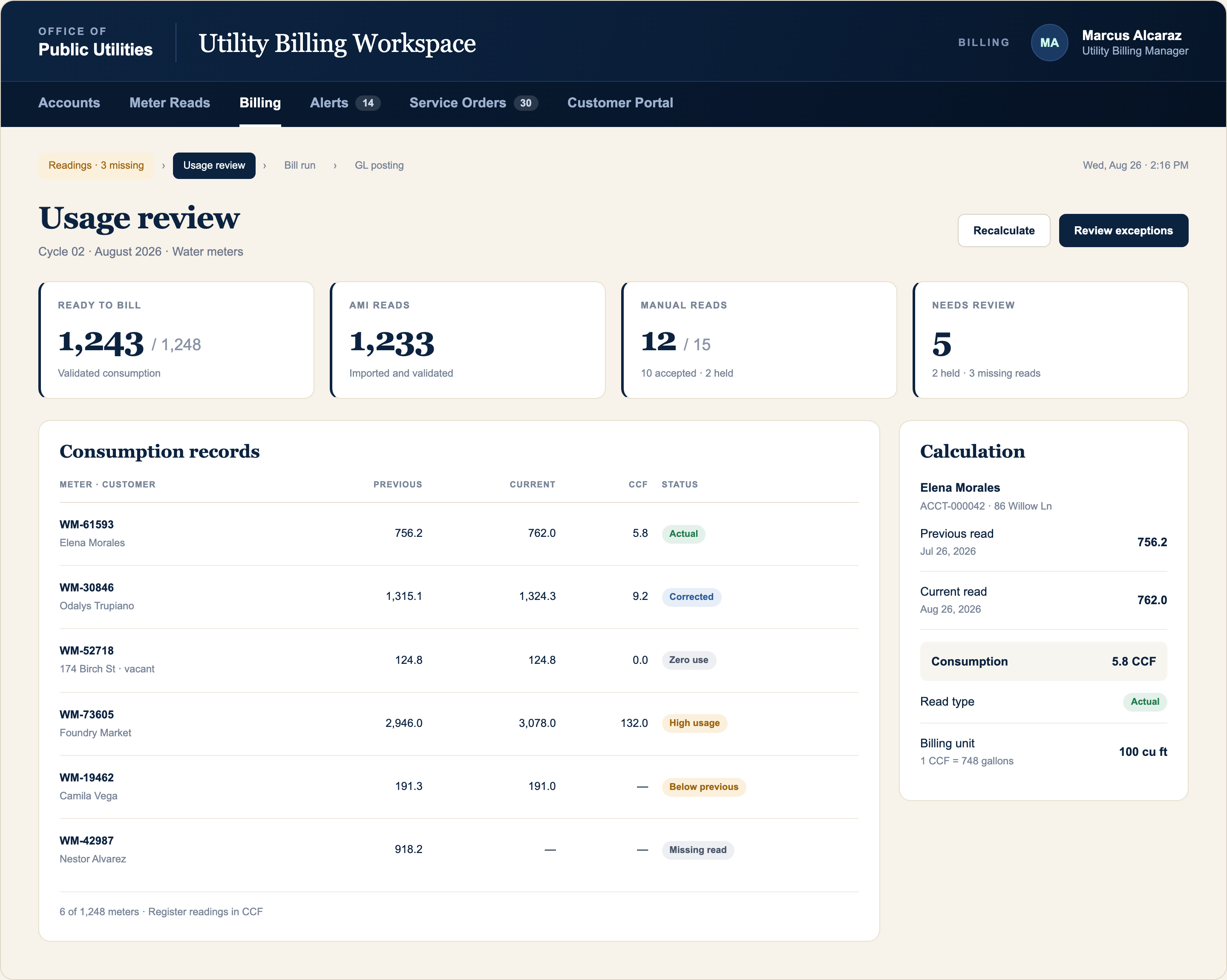 Usage review showing meter readings, calculated consumption, and exceptions to resolve before billing.
