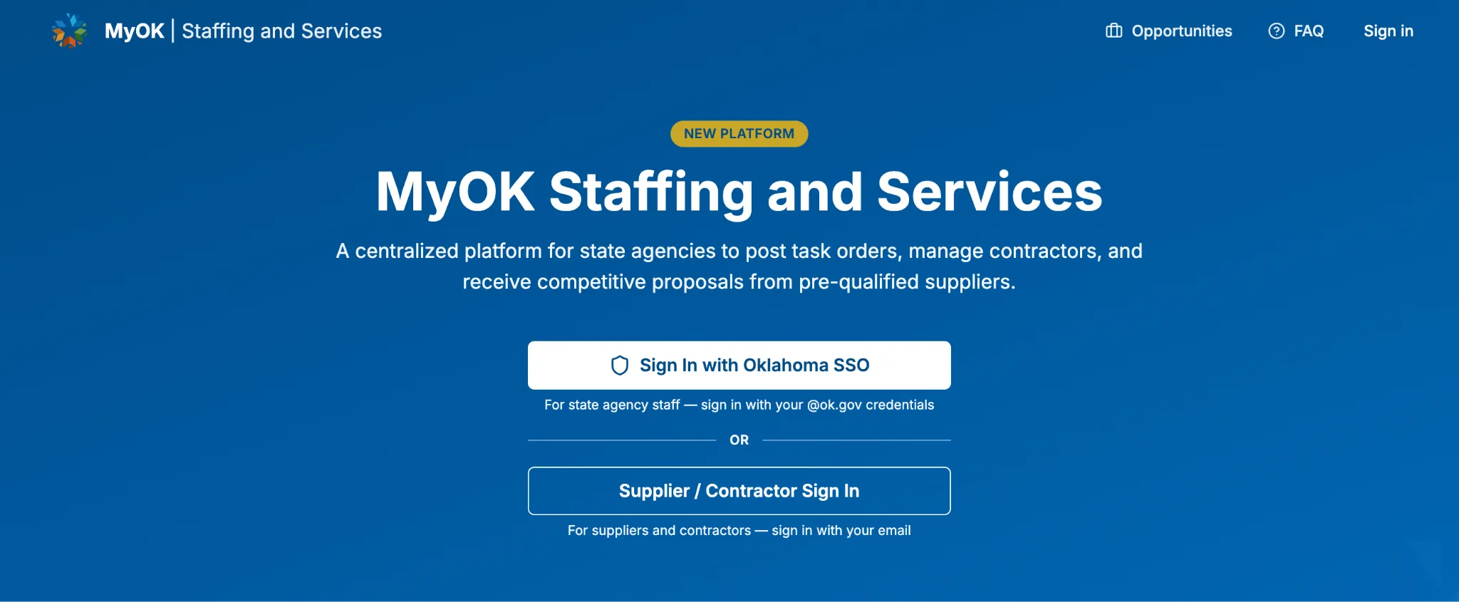 MyOK Staffing and Services homepage with separate sign-in options for Oklahoma state agency staff and suppliers or contractors.