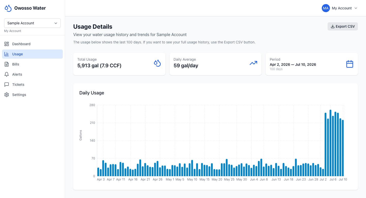 The resident portal&rsquo;s Usage Details view: total usage, daily average, the billing period, and a bar chart of daily water use over the past 100 days, flat for months before rising sharply at the end.