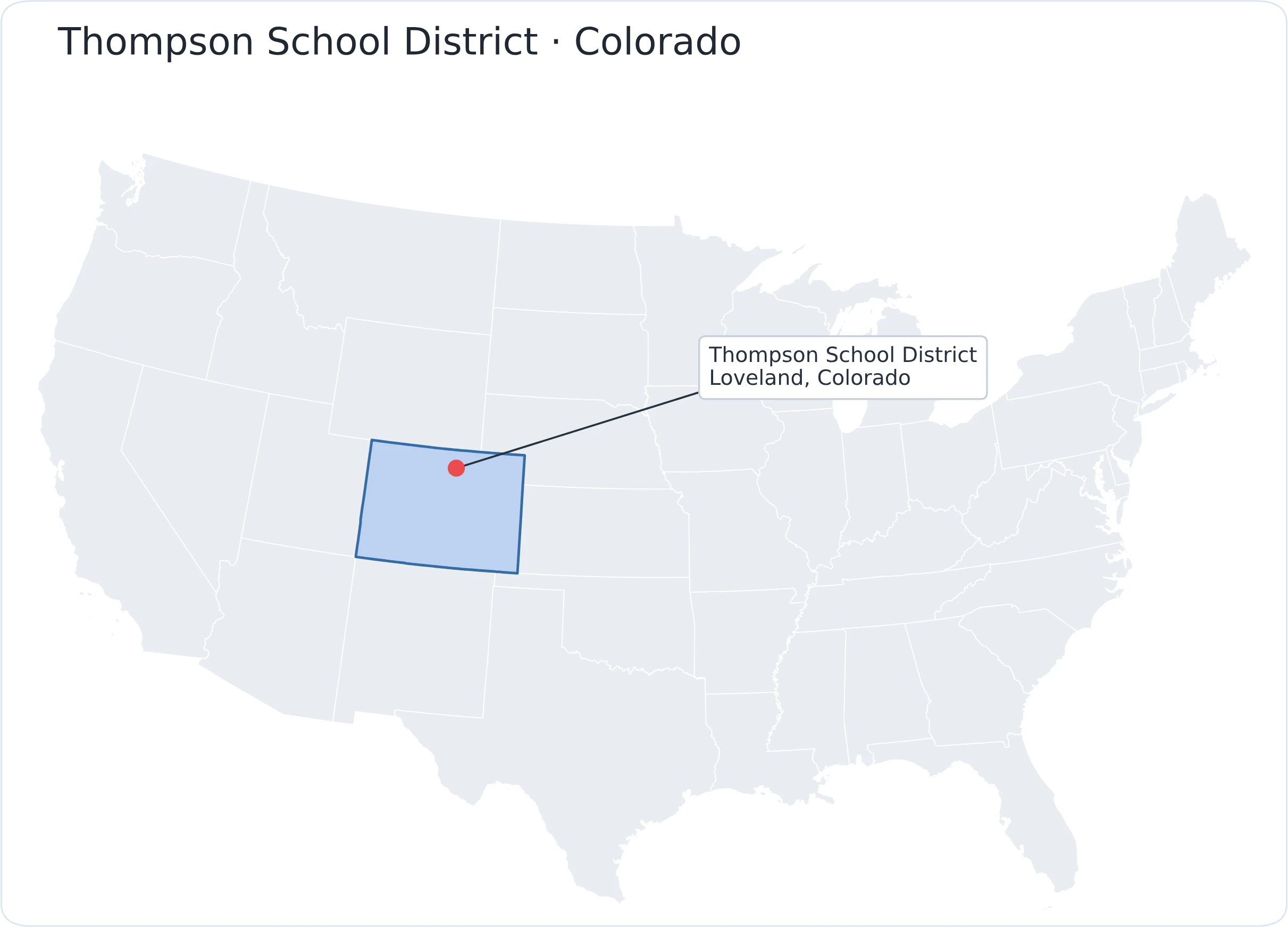 A map of the United States with Colorado highlighted and a marker in the north of the state labelled Thompson School District, Loveland, Colorado.