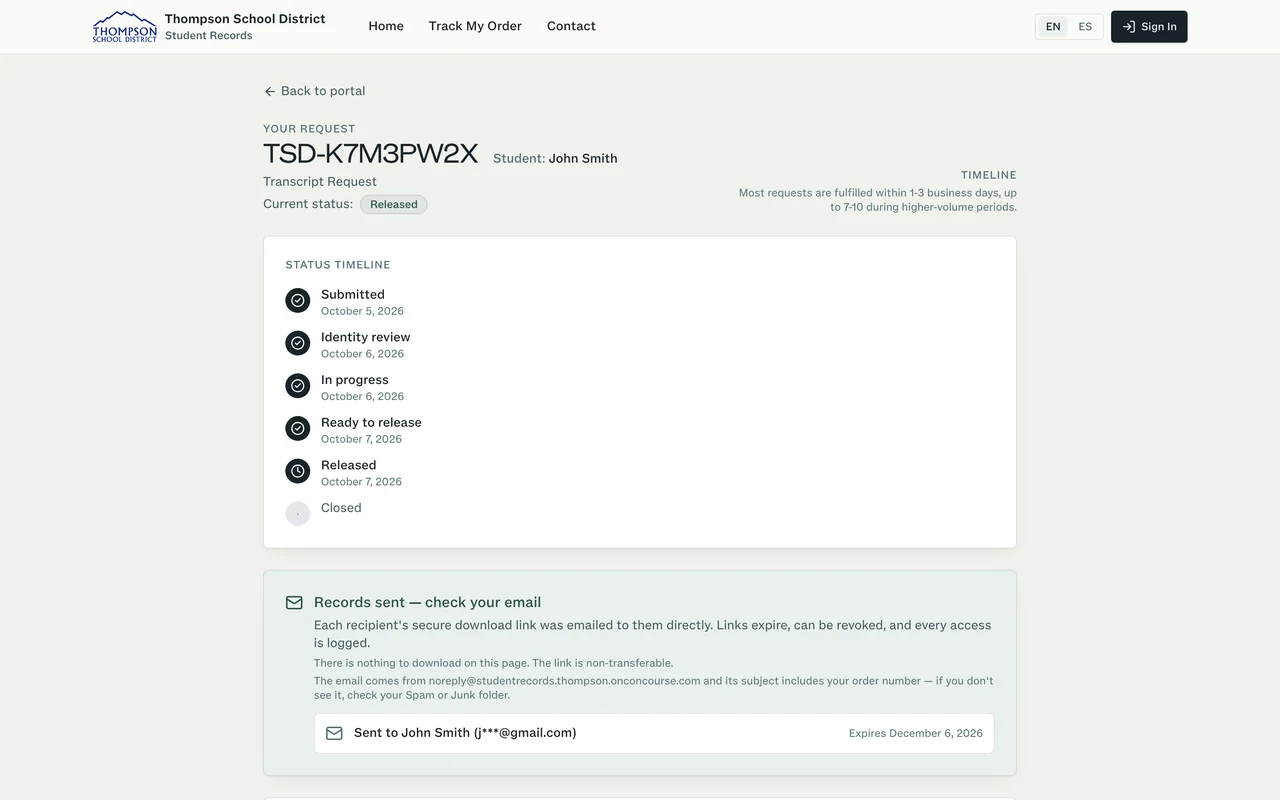 A sample transcript request&rsquo;s tracking page, marked Released. Its status timeline runs from Submitted through Identity review, In progress, and Ready to release to Released, with Closed still to come, and a note explains that the records were sent by a secure download link that expires, can be revoked, and logs every access.