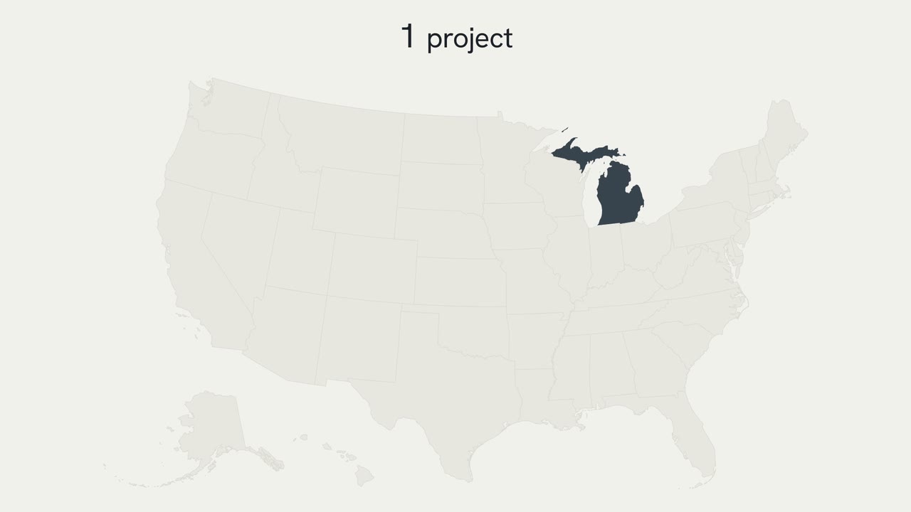 A map of the United States beginning to fill in with the states where Concourse has worked, starting with Michigan